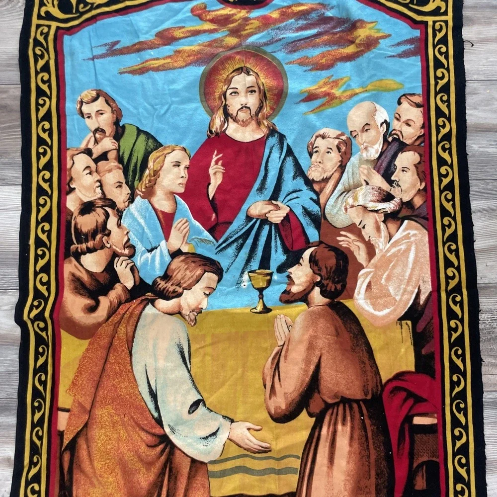 Vintage Velvet Tapestry Last Supper Wall Hanging 51X32 Religious Christian